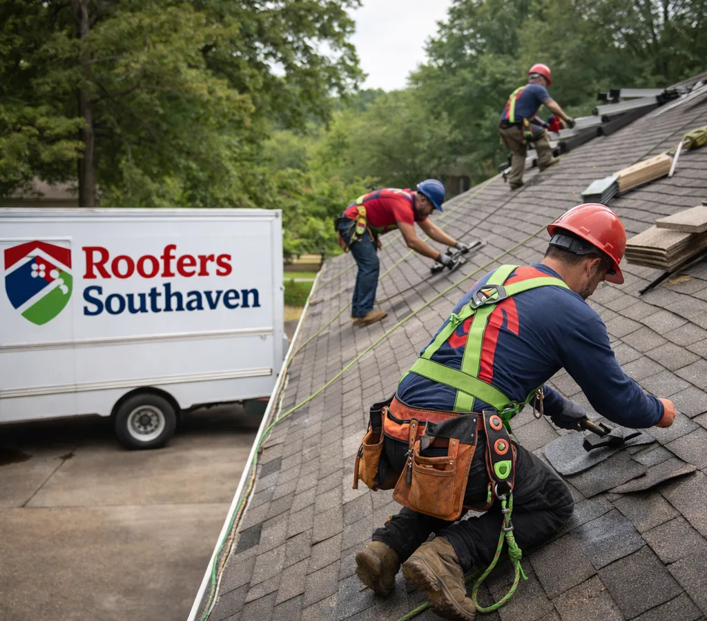 Roofing crew performing an asphalt shingle repair on a Southaven-area home with proper fall protection and clean staging