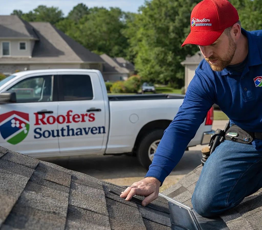 Roofer inspecting asphalt shingles and flashing near a roof valley on a Southaven home