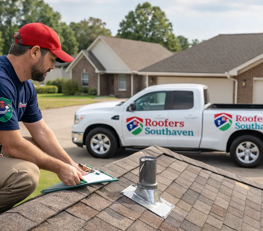 Residential roofer inspecting an asphalt shingle roof on a typical Southaven suburban home