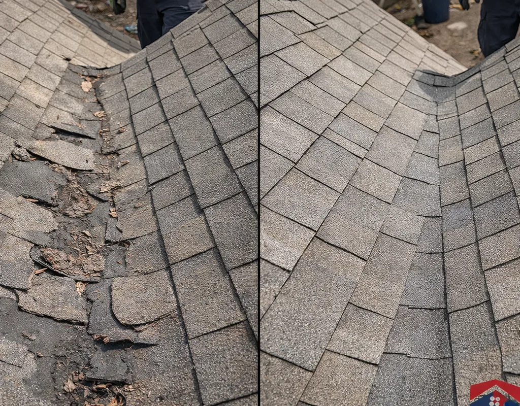 Before-and-after view of a damaged shingle section near a valley and a completed repair with clean alignment