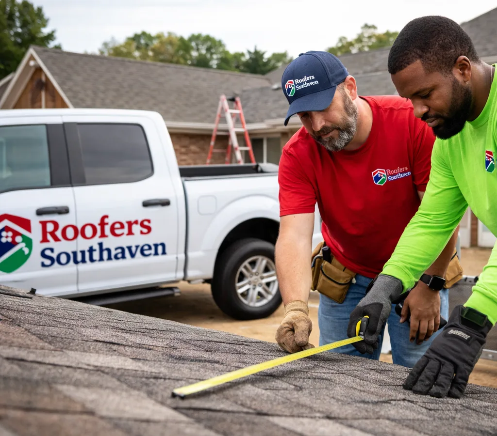 Roofing crew inspecting an asphalt shingle roof on a Southaven home with a measuring tape and safely positioned ladder