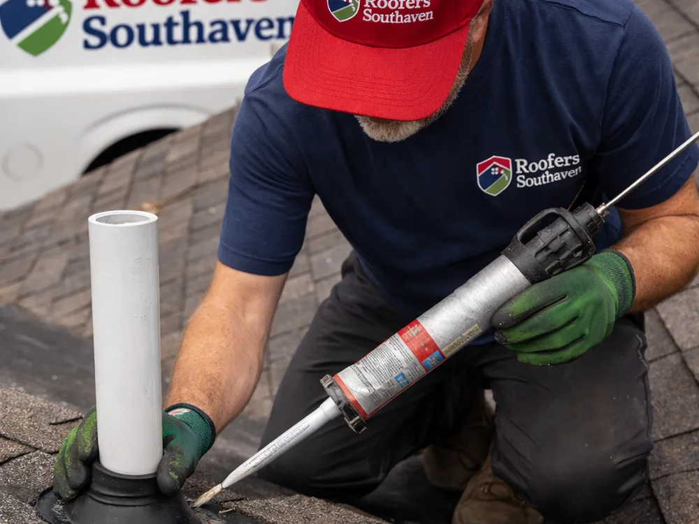 Roofer sealing and reworking flashing around a plumbing vent pipe boot on a shingle roof