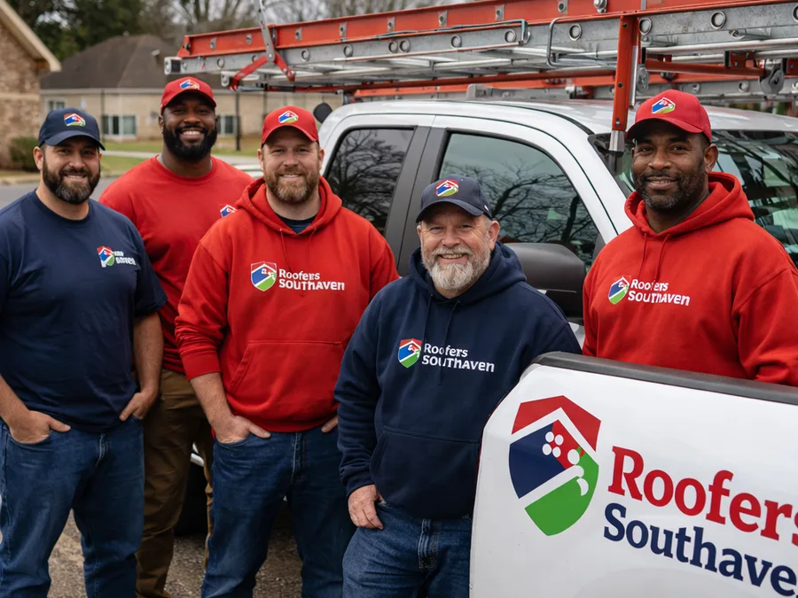 Local roofing crew beside a work truck in a Southaven neighborhood with ladders properly secured